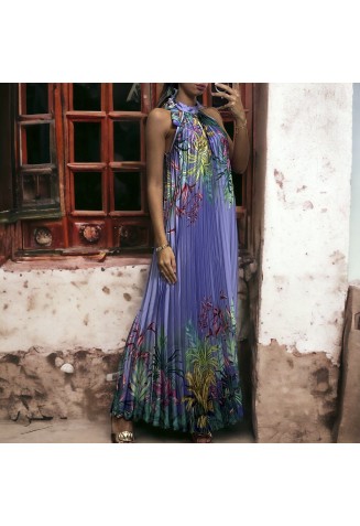 Longue robe plissé lilas avec sublime motif fleuris - 2