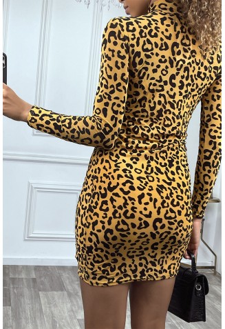 Robe courte transparente léopard moutarde, très tendance - 2