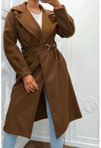 Long manteau marron avec ceinture et poches - 7